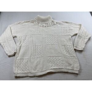 Vtg Hunt Club Fringe Turtleneck Sweater Size L USA Ivory Textured Patchwork